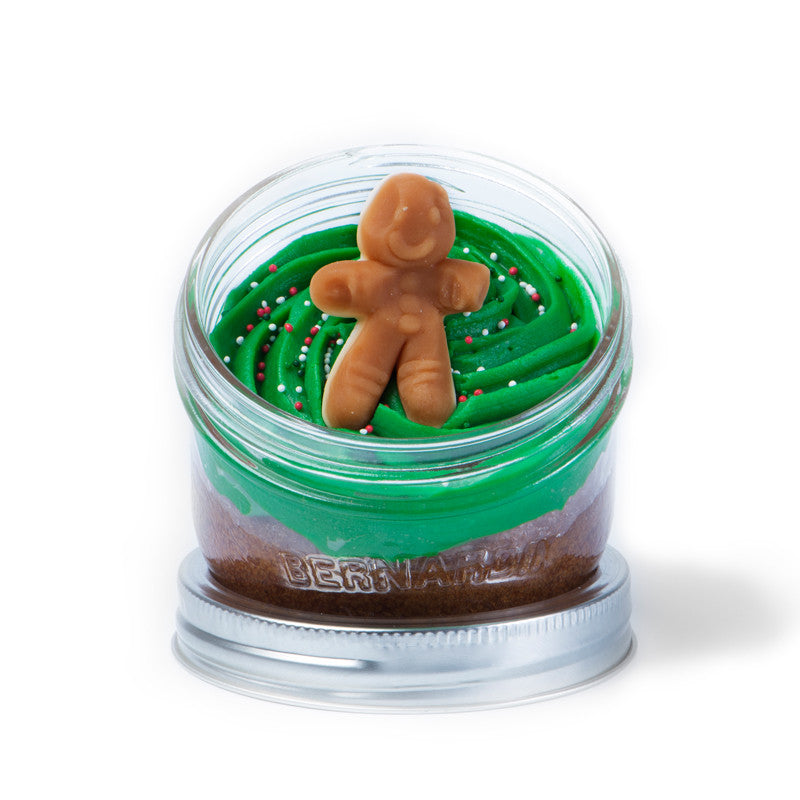 Gingerbread Jarcake (Mini/Regular sizes) in a jar with personalized sticker option, cream cheese frosting, and gingerbread man decoration for nut-free holiday delivery in Toronto.