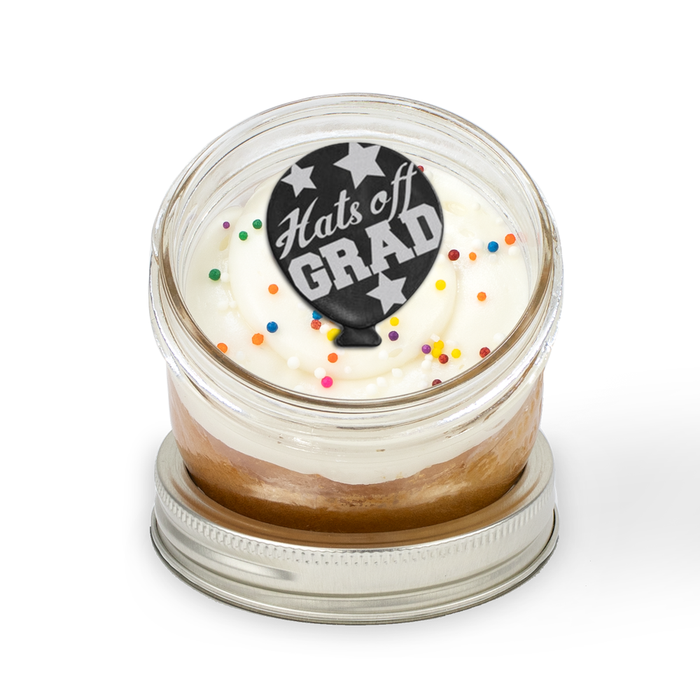 Graduation Jarcake (Mini/Regular sizes) in a jar with personalized sticker option, themed frosting, and grad cap ring for nut-free delivery in Toronto.