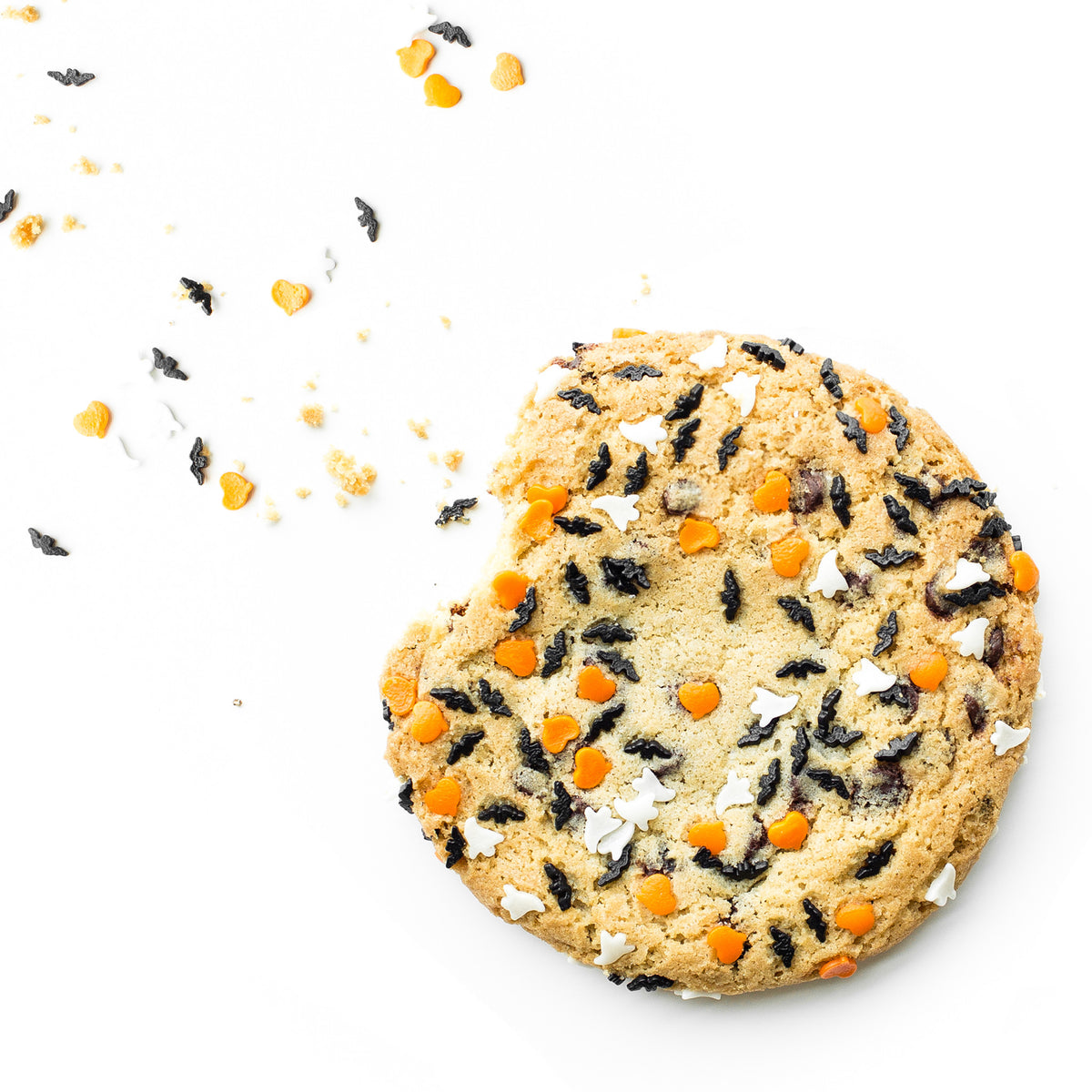 Single soft-baked Halloween nut-free cookie, individually wrapped, topped with festive spooky sprinkles for a treat in Toronto.