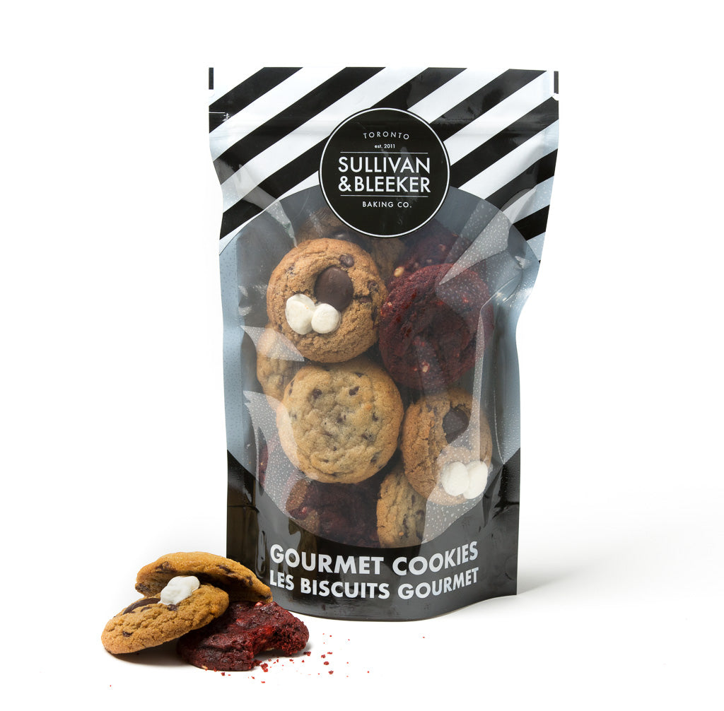 Mini Mixed Cookie Pack with 14 soft-baked S'mores, Red Velvet, and Chocolate Chip cookies in a resealable bag for catering in Toronto.