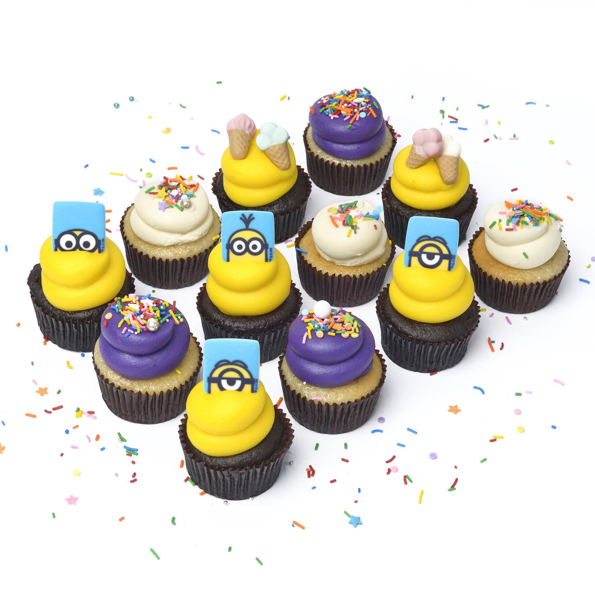 The Minion Dozen 12 pack of licensed nut-free Minion cupcakes for Despicable Me birthday party Toronto delivery.	