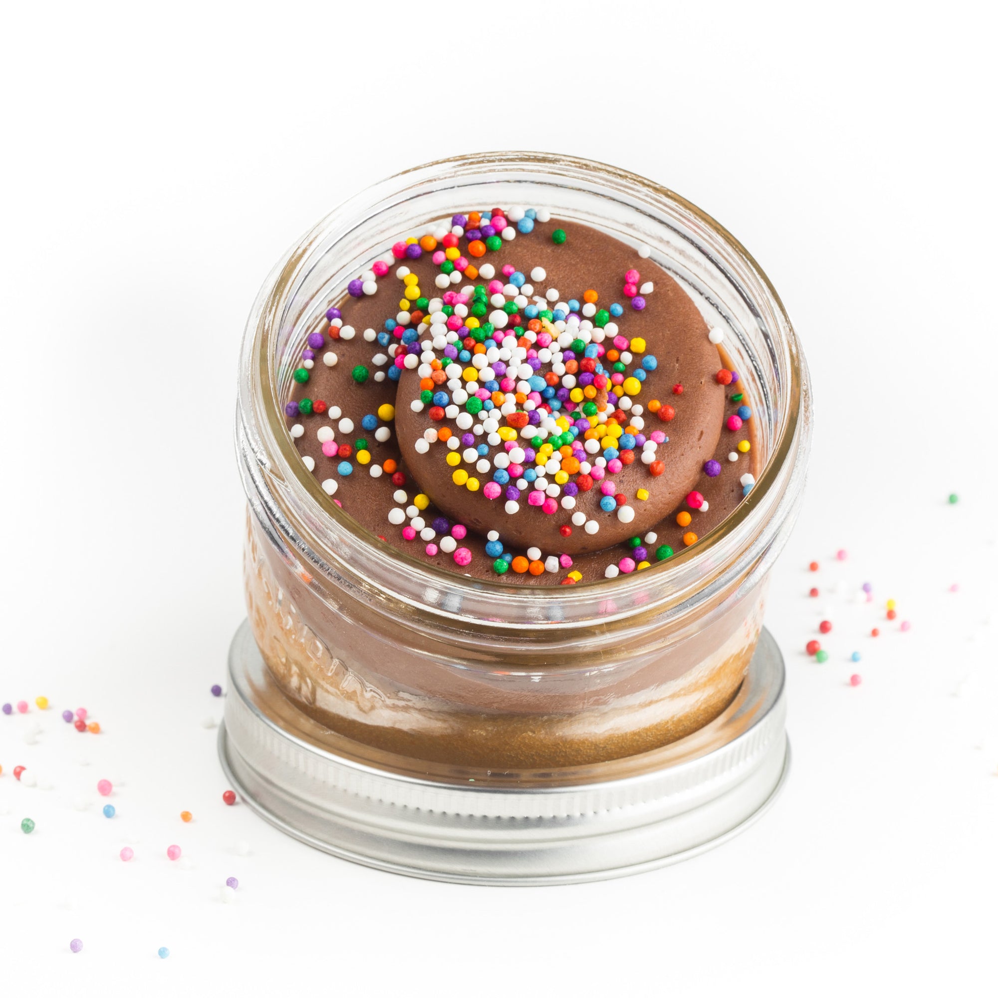 Old Fashioned Jarcake (Mini/Regular sizes) in a jar with personalized sticker option, chocolate frosting, and sprinkles for nut-free delivery in Toronto.