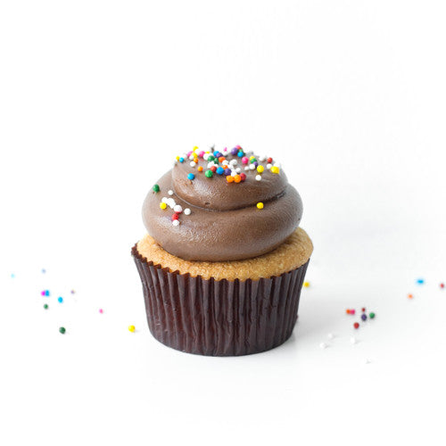 Single Old Fashioned gourmet nut-free cupcake with chocolate frosting and sprinkles on top for local Toronto delivery.
