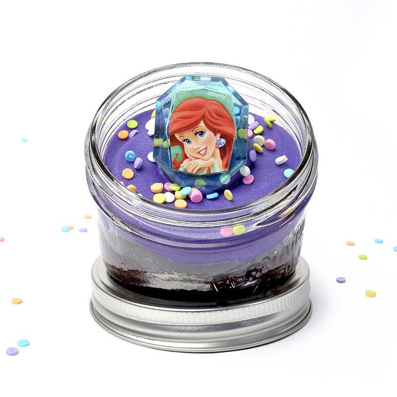 Princess Jarcake (Mini/Regular sizes) in a jar with personalized sticker option, pastel frosting, and Cinderella/Belle ring for nut-free delivery in Toronto.