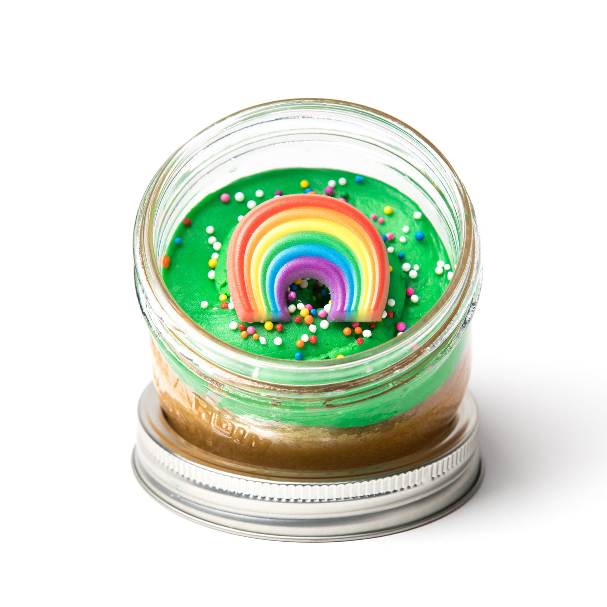 Rainbow Jarcake (Mini/Regular sizes) in a jar with personalized sticker option and colourful rainbow frosting for nut-free delivery in Toronto.