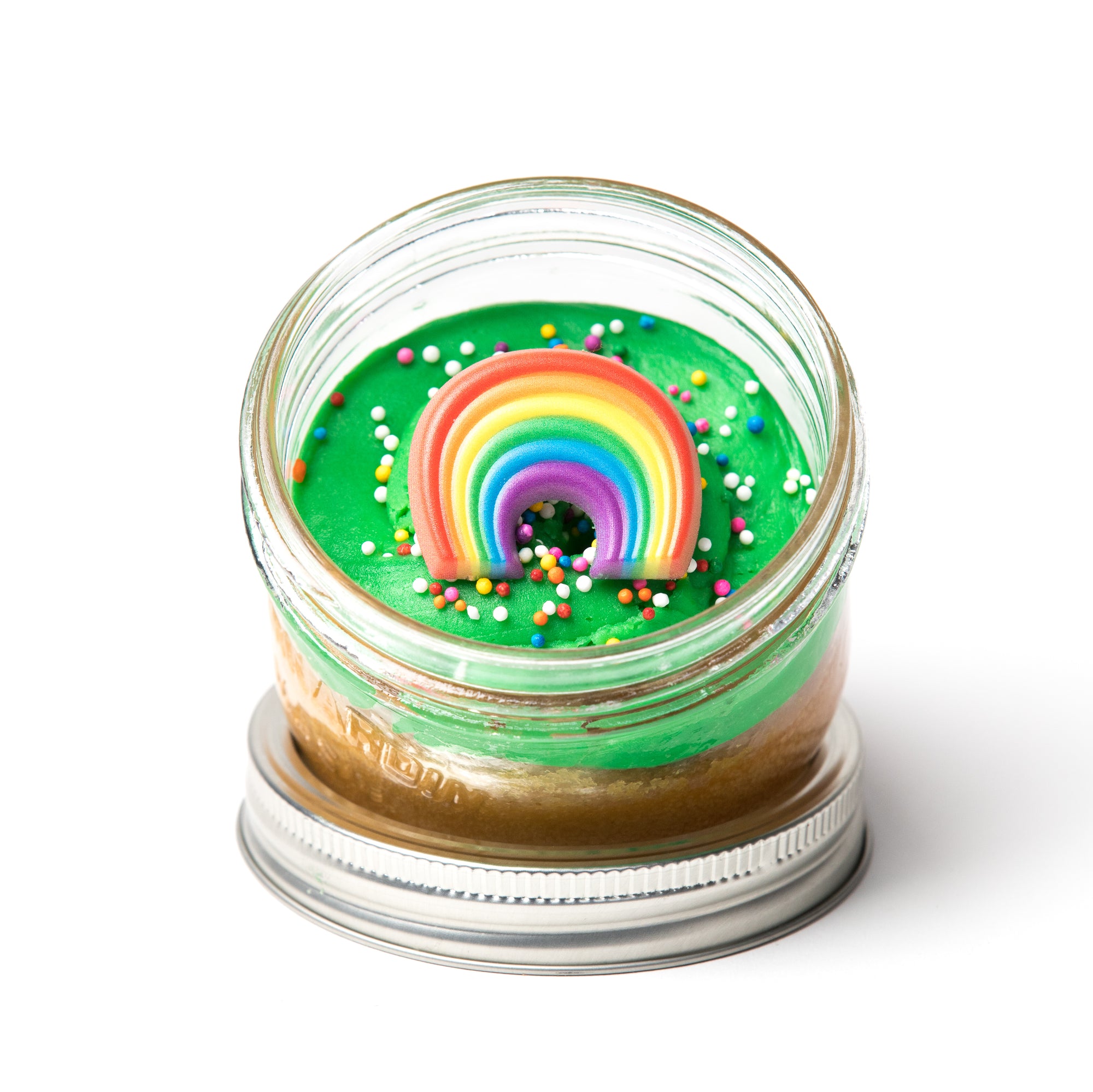 Rainbow Jarcake (Mini/Regular sizes) in a jar with personalized sticker option and colourful rainbow frosting for nut-free delivery in Toronto.
