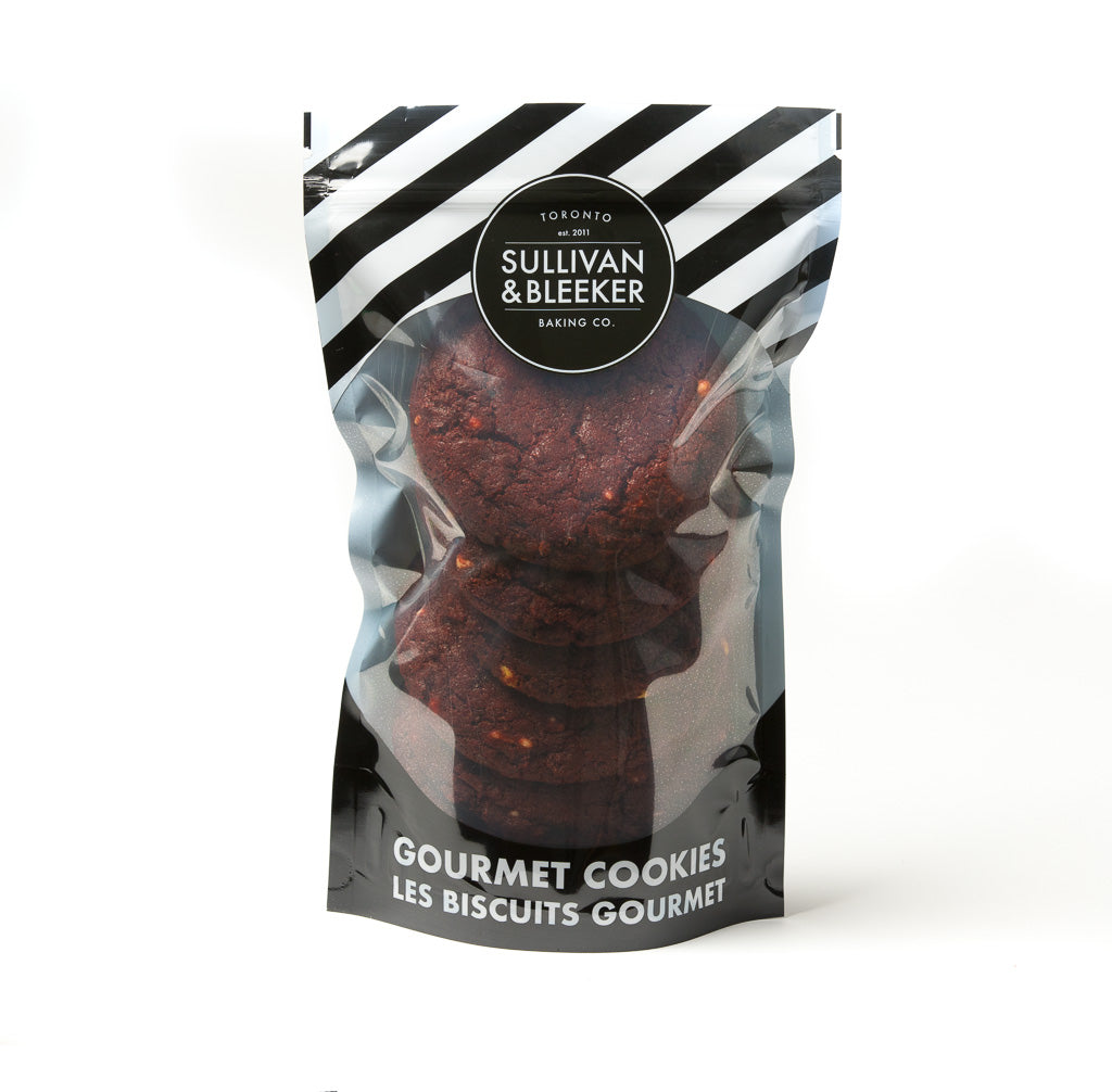 Six-pack of soft-baked Red Velvet nut-free cookies in a resealable zip-top bag for family treats in Toronto.