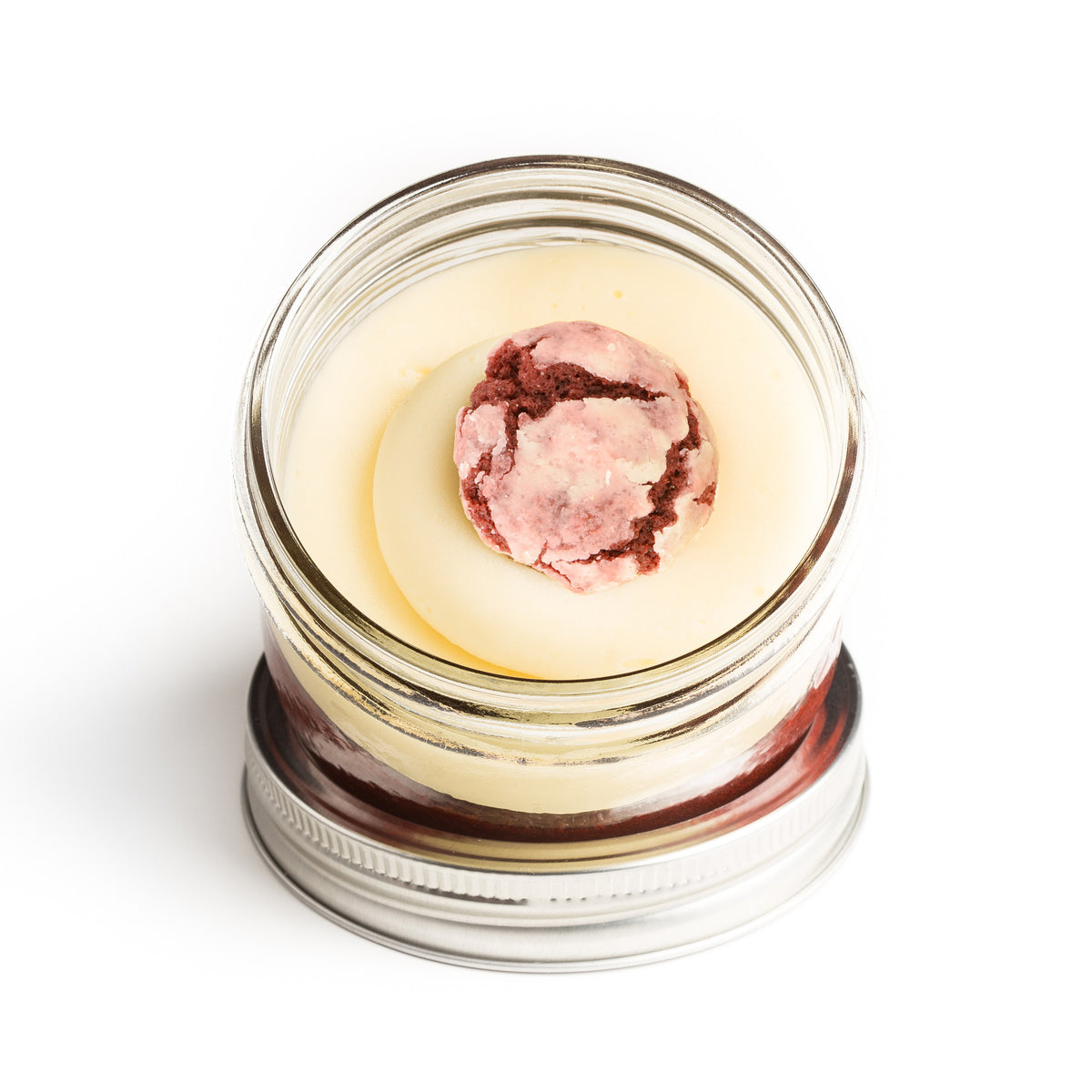 Red Velvet Jarcake (available in Mini/Regular sizes) in a jar with personalized sticker option and cream cheese frosting for nut-free delivery in Toronto.
