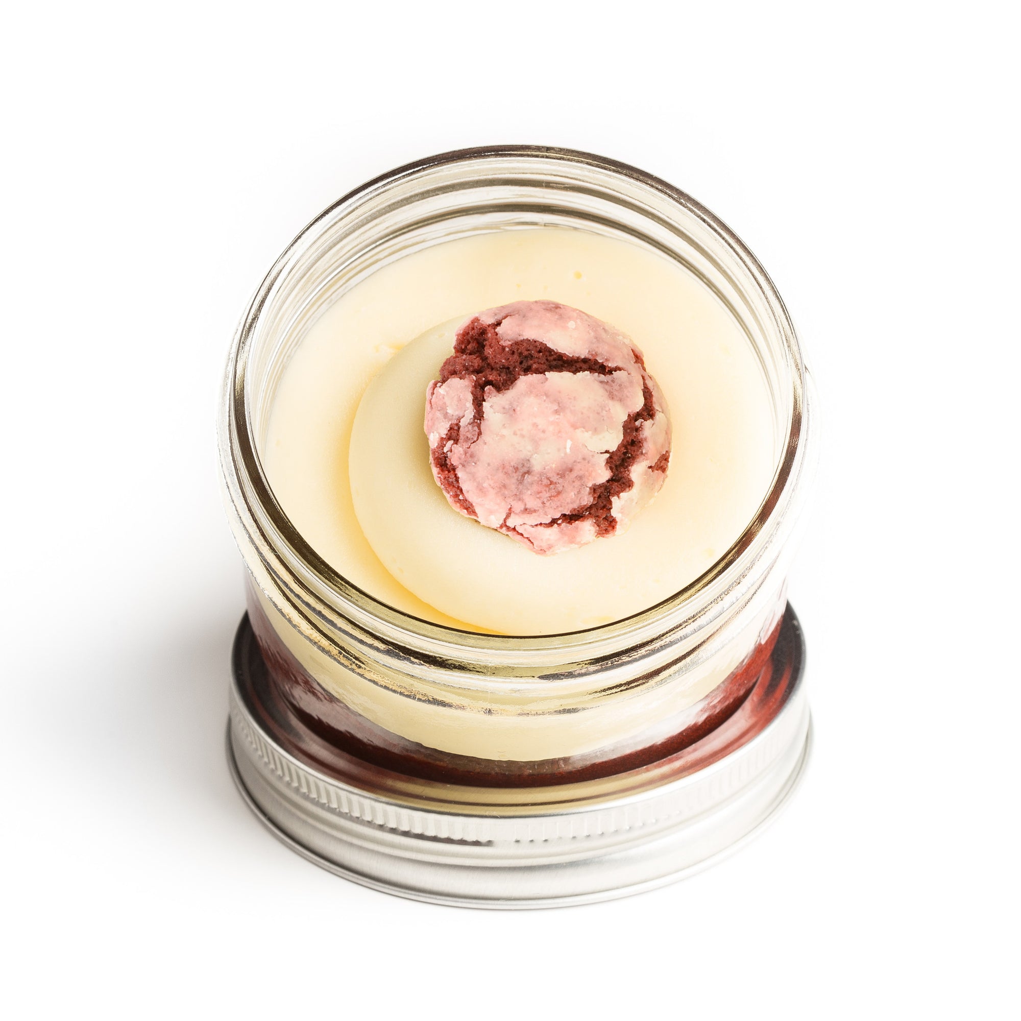 Red Velvet Jarcake (available in Mini/Regular sizes) in a jar with personalized sticker option and cream cheese frosting for nut-free delivery in Toronto.