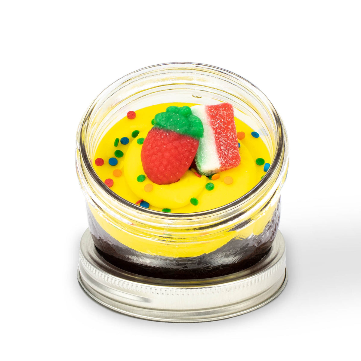 Sizzlin' Summer Jarcake (Mini/Regular sizes) in a jar with personalized sticker option, bright summer frosting, and fun ring for nut-free delivery in Toronto.