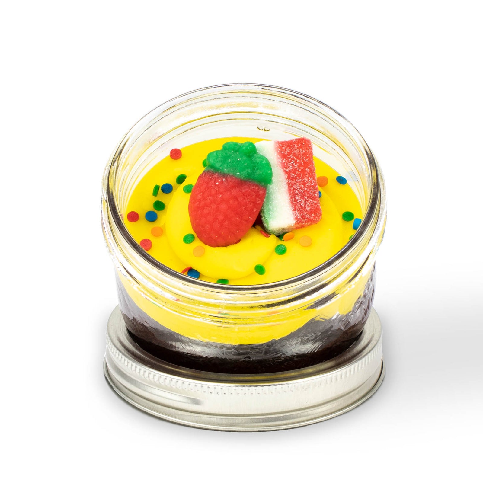 Sizzlin' Summer Jarcake (Mini/Regular sizes) in a jar with personalized sticker option, bright summer frosting, and fun ring for nut-free delivery in Toronto.