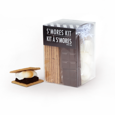 Nut-Free S'mores Kit box containing graham crackers, chocolate, and marshmallows for indoor/outdoor family activity.