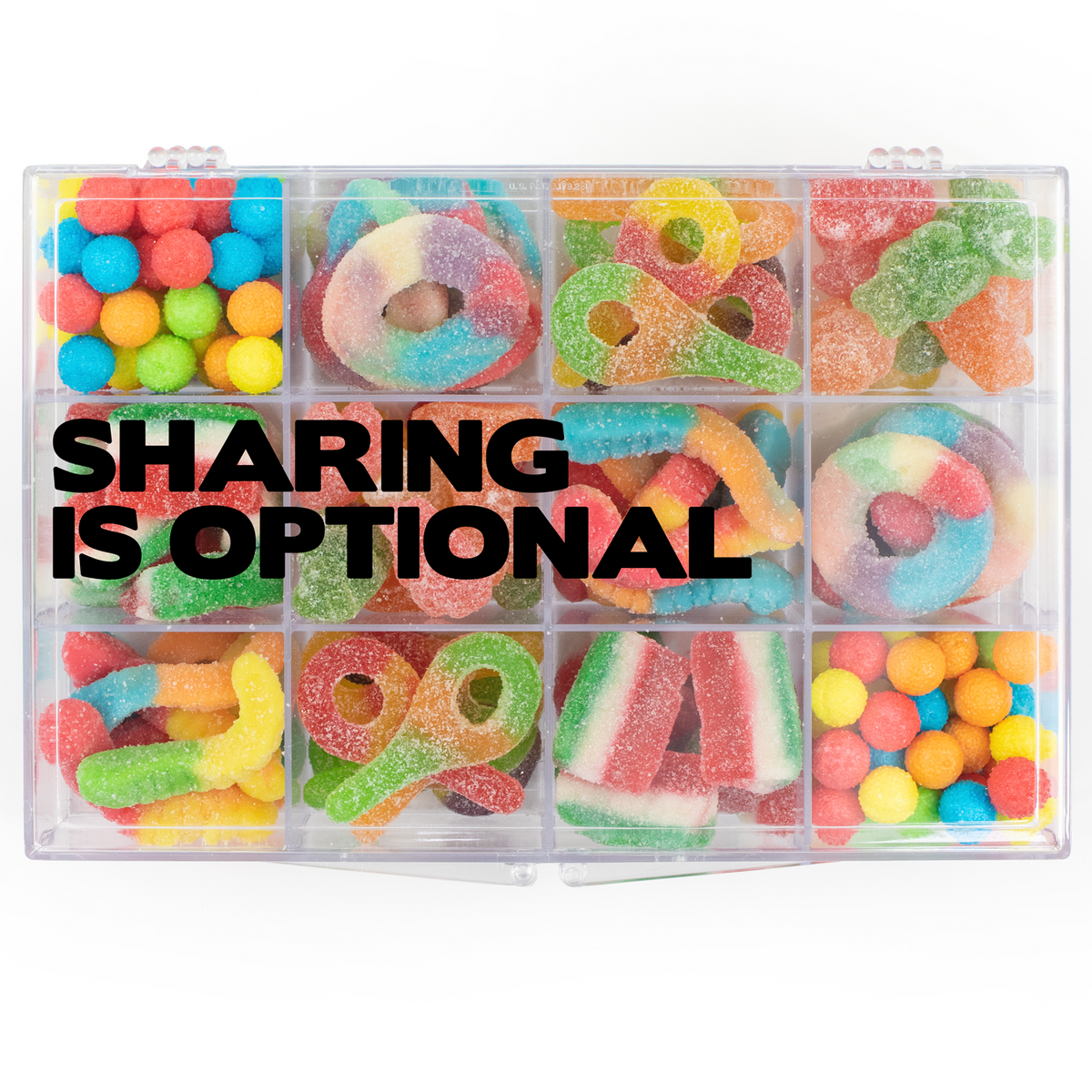 The Snackle Box 12-compartment candy tackle box filled with assorted nut-free Boom Candy varieties for easy sharing and gifting in Toronto.