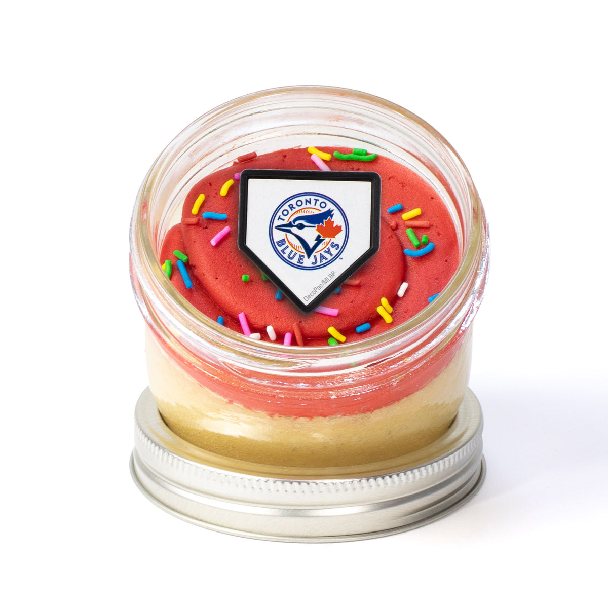 Sports Jarcake (Mini/Regular sizes) in a jar with personalized sticker option, themed frosting, and sport ring (Baseball, Soccer, Basketball) for nut-free delivery in Toronto.