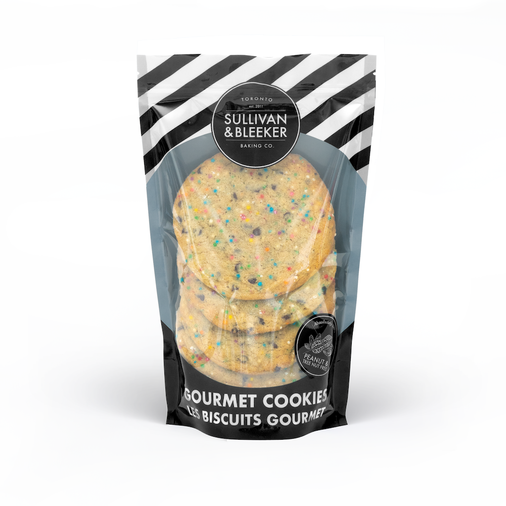 Six-pack of soft-baked Sprinkle nut-free cookies in a resealable zip-top bag for family treats in Toronto.