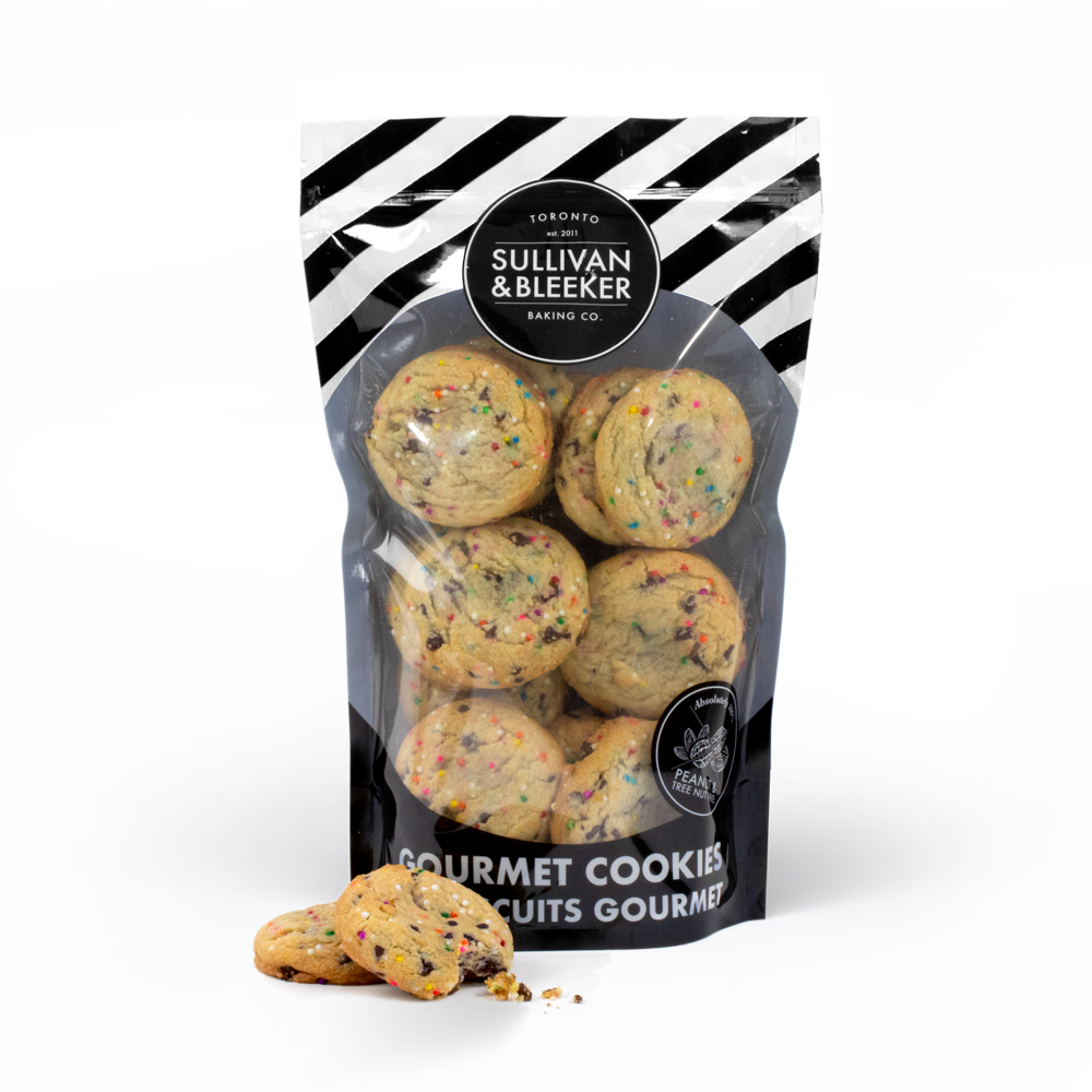 14 Mini soft-baked Sprinkle nut-free cookies in a resealable zip-top bag, perfect for catering and parties in Toronto.
