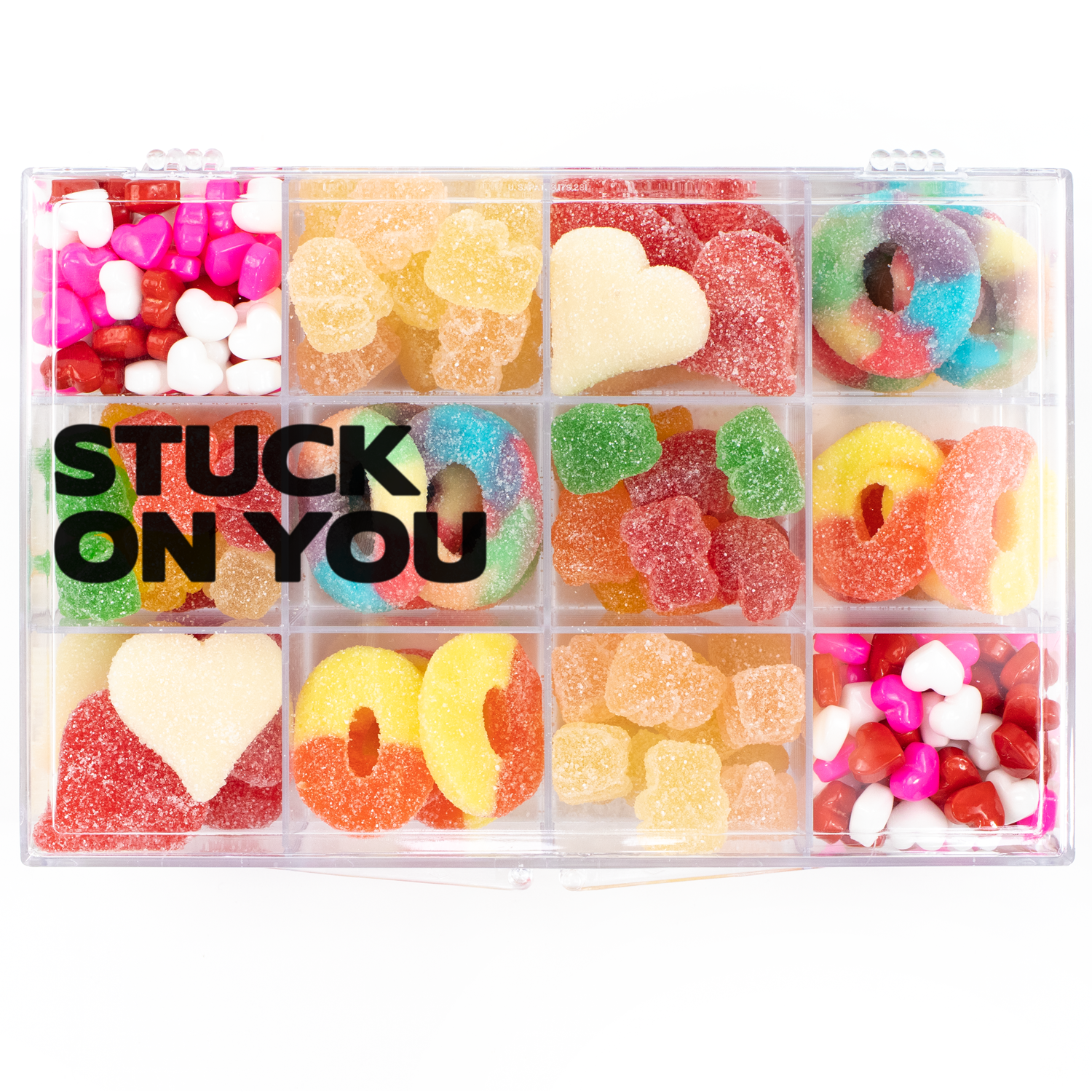 Valentine's Day Snackle Box 12-compartment, recloseable tackle box filled with assorted nut-free heart and romantic candy for easy gifting in Toronto.