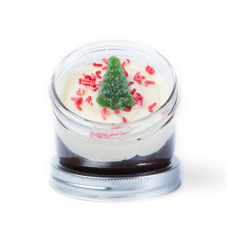White Chocolate Peppermint Jarcake (Mini/Regular sizes) in a jar with personalized sticker option, candy cane sprinkles, and holiday gummy for nut-free delivery in Toronto.