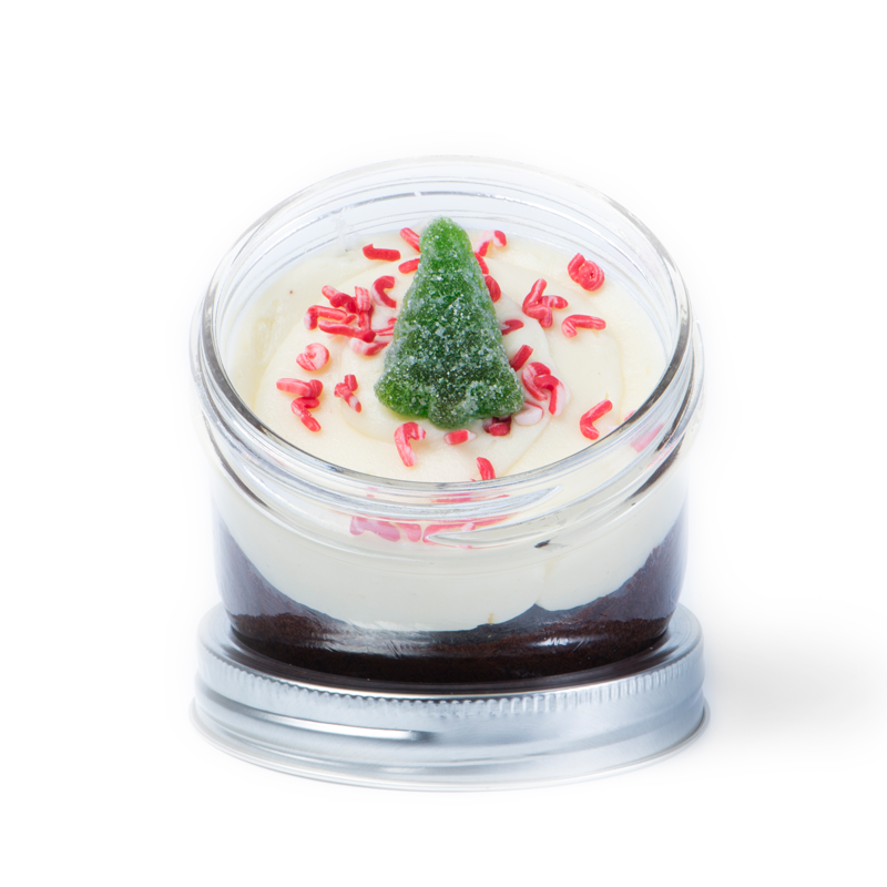 White Chocolate Peppermint Jarcake (Mini/Regular sizes) in a jar with personalized sticker option, candy cane sprinkles, and holiday gummy for nut-free delivery in Toronto.