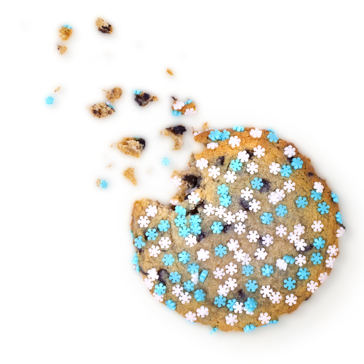Single soft-baked Winter nut-free cookie, individually wrapped, topped with snowflake sprinkles for a seasonal treat in Toronto.