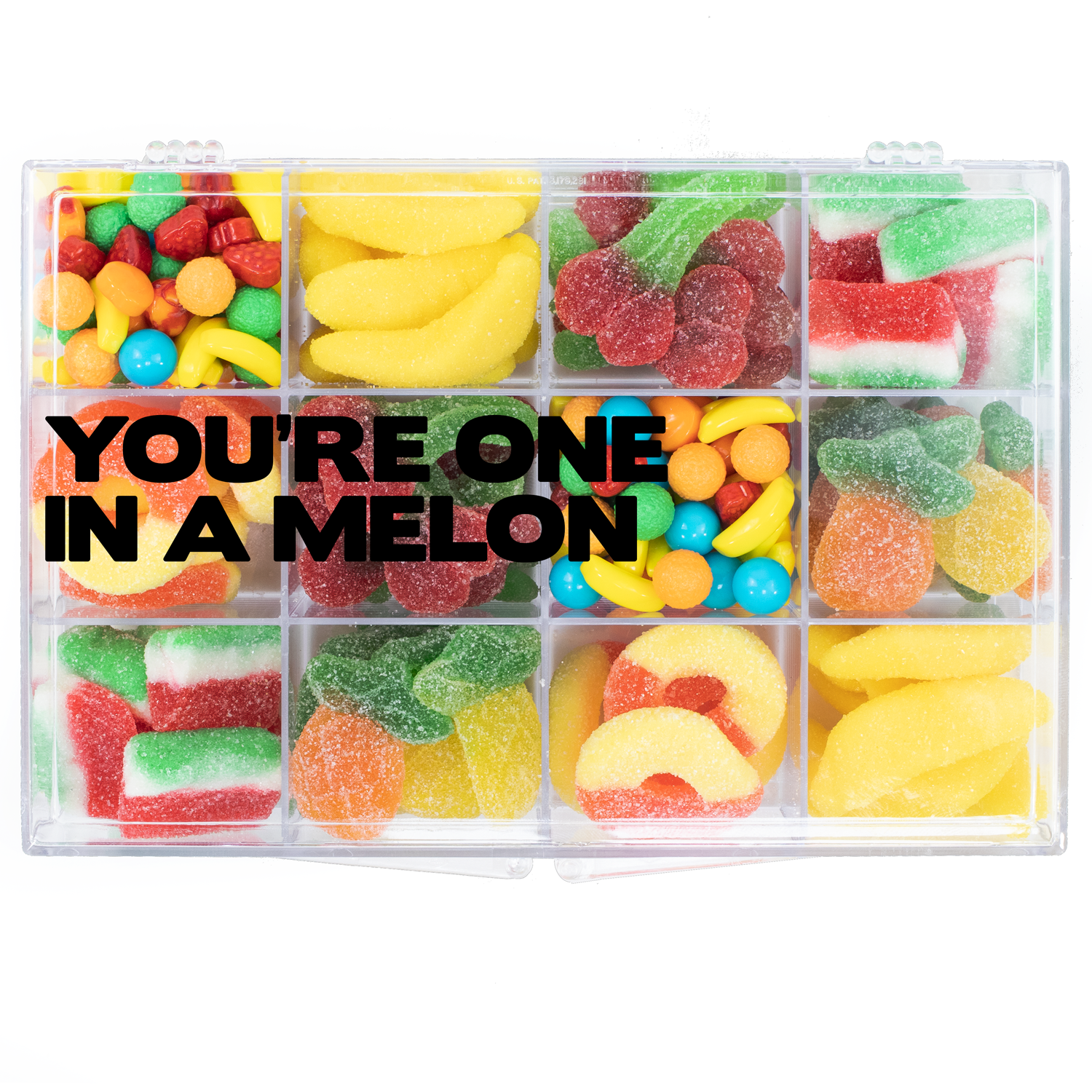 The "You're One in a Melon" Snackle Box 12-compartment, recloseable tackle box filled with assorted nut-free fruit candy for easy gifting in Toronto.
